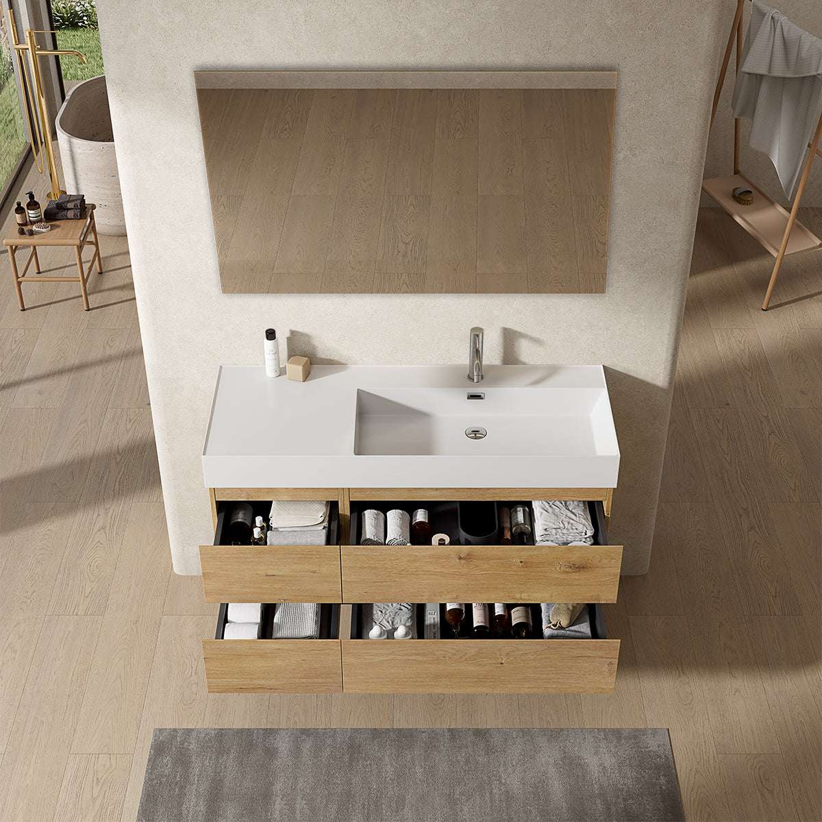 Mobile bagno sospeso 120 cm Bruno Medio Lavabo a Destra in Resina Specchio Quadro - Fiji Wood
