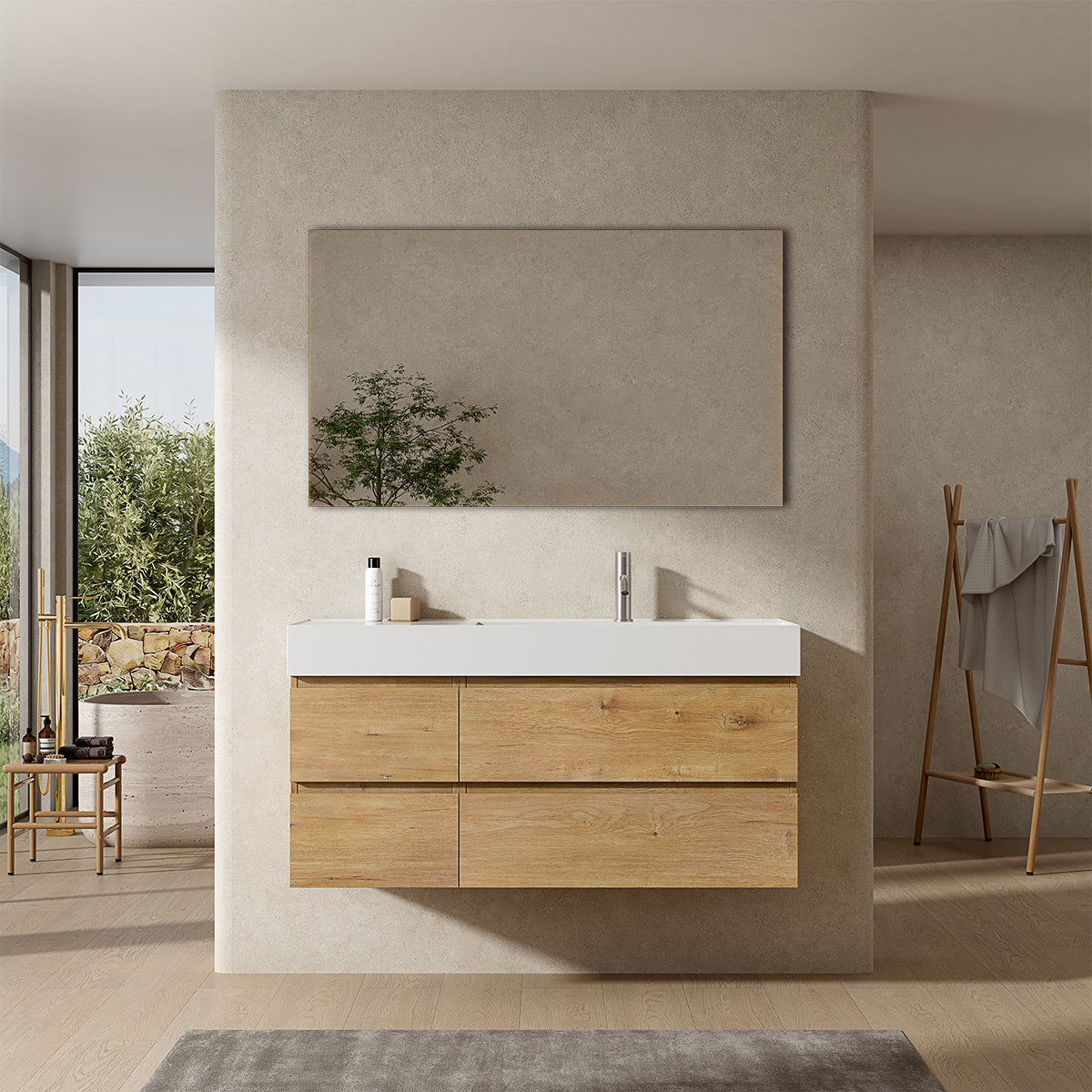 Mobile bagno sospeso 120 cm Bruno Medio Lavabo a Destra in Resina Specchio Quadro - Fiji Wood