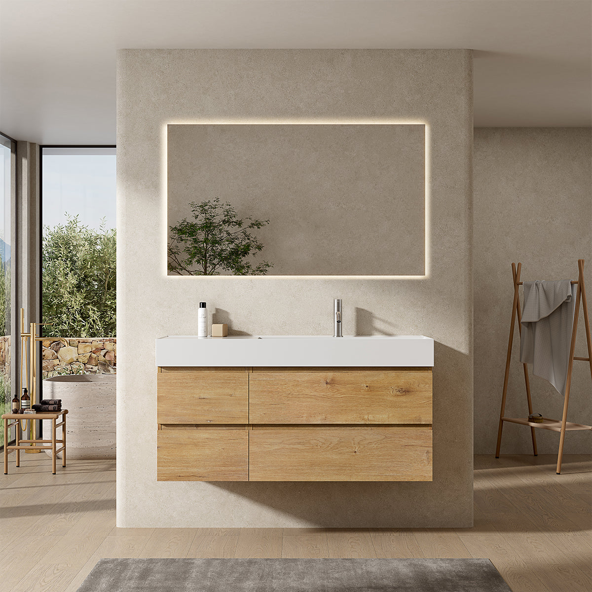 Mobile bagno sospeso 120 cm Bruno Medio Lavabo a Destra in Resina Specchio Quadro Retroilluminato - Fiji Wood