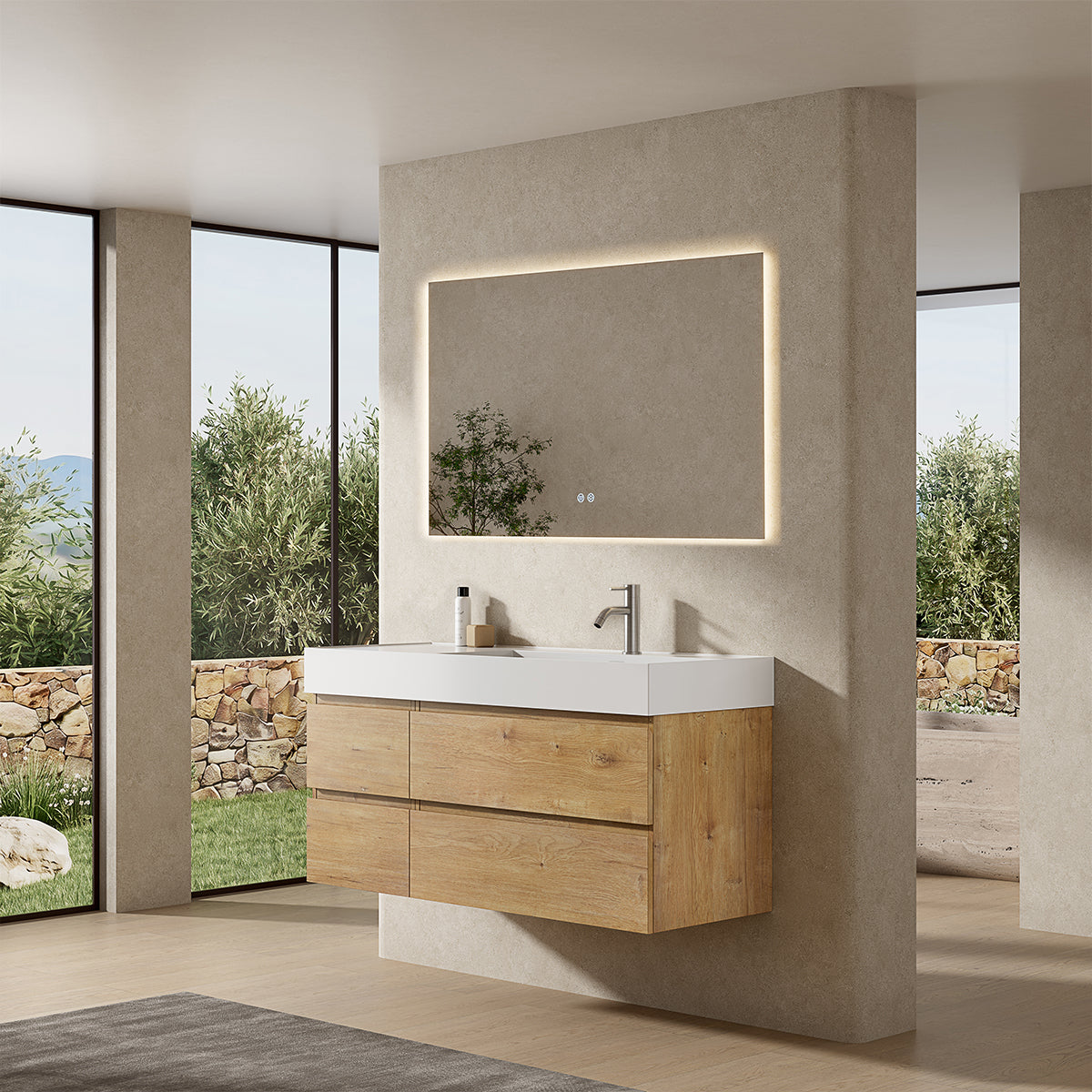 Mobile bagno sospeso 120 cm Bruno Medio Lavabo a Destra in Resina Specchio Quadro Retroilluminato - Fiji Wood