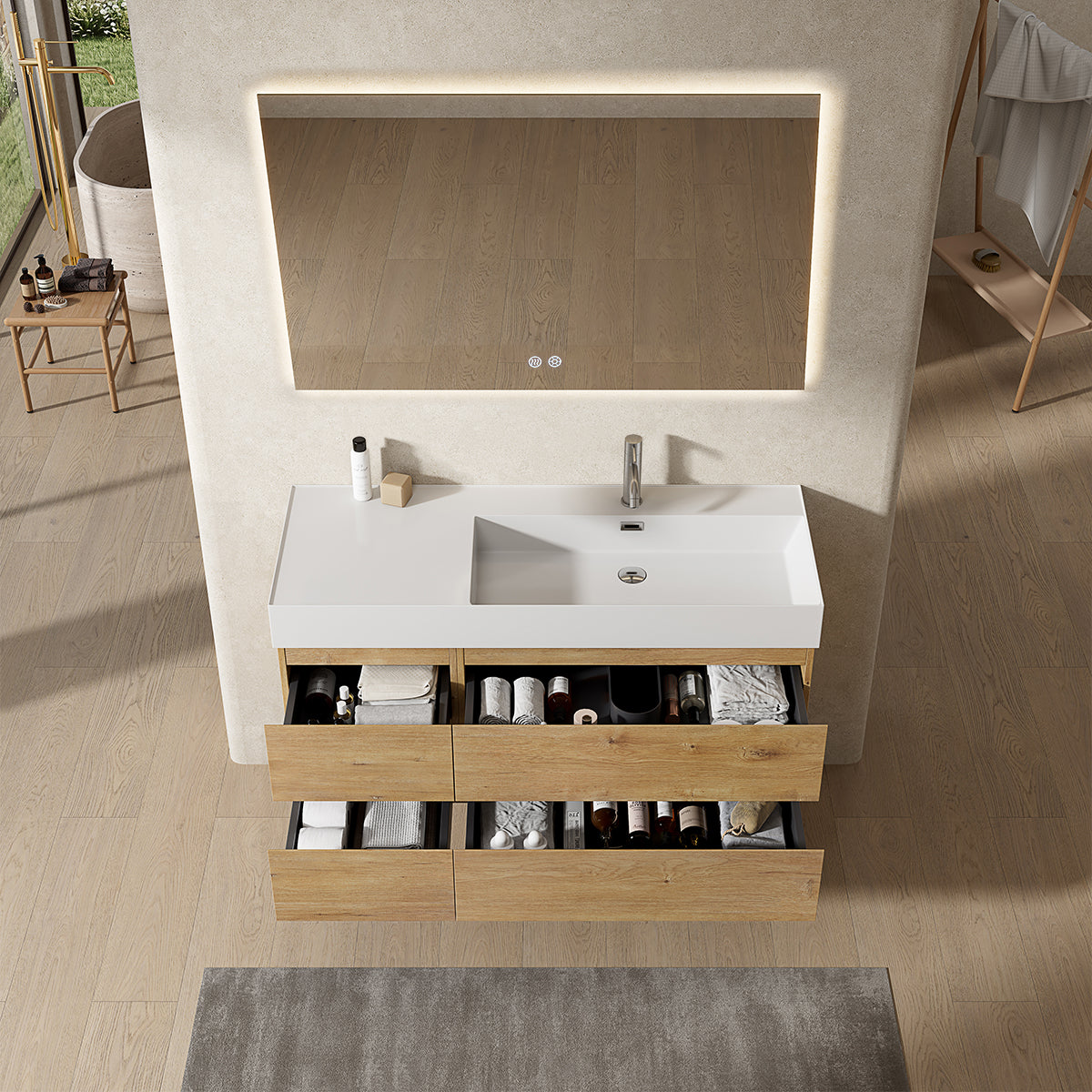 Mobile bagno sospeso 120 cm Bruno Medio Lavabo a Destra in Resina Specchio Quadro Retroilluminato - Fiji Wood