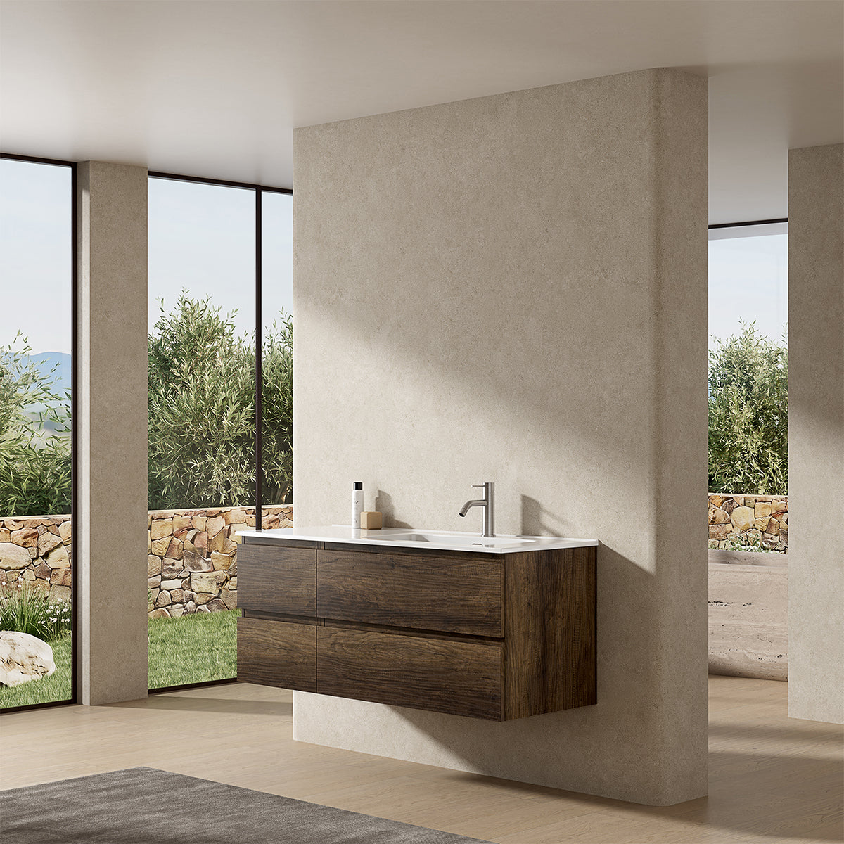 Mobile bagno sospeso 120 cm Bruno Scuro Lavabo a Destra in Ceramica Senza Specchio - Fiji Wood