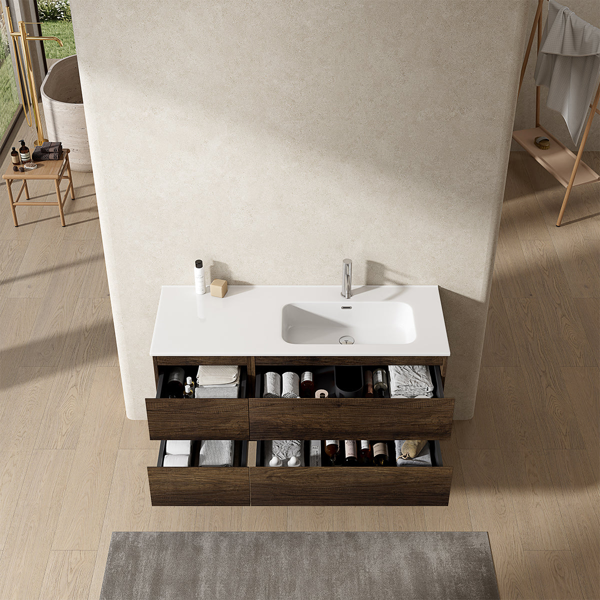 Mobile bagno sospeso 120 cm Bruno Scuro Lavabo a Destra in Ceramica Senza Specchio - Fiji Wood