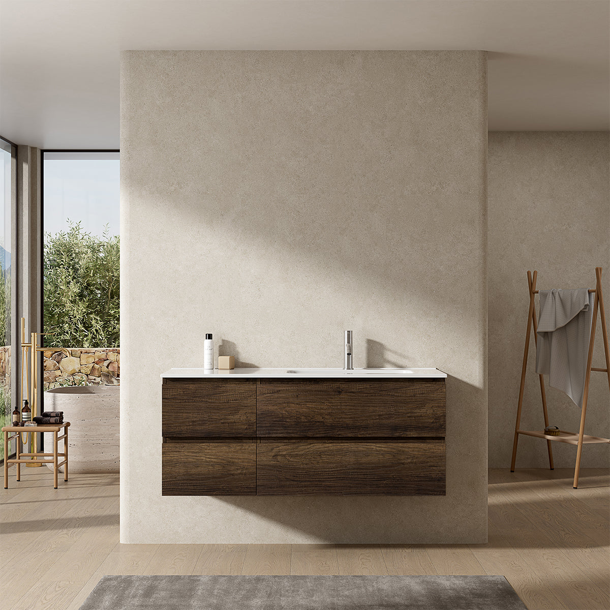 Mobile bagno sospeso 120 cm Bruno Scuro Lavabo a Destra in Ceramica Senza Specchio - Fiji Wood