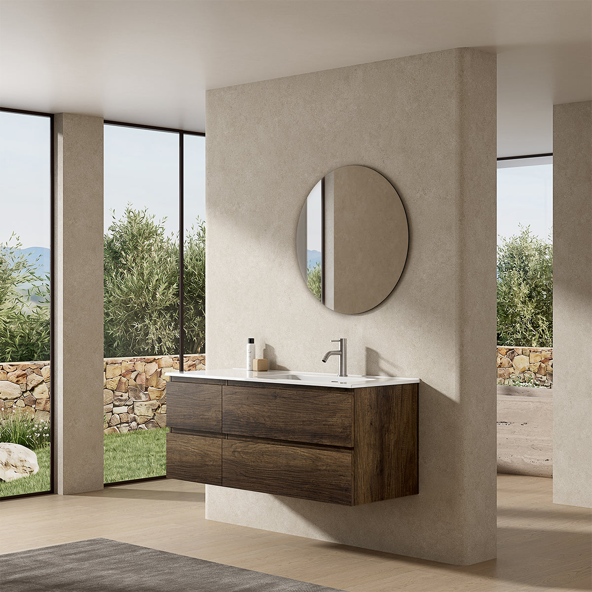 Mobile bagno sospeso 120 cm Bruno Scuro Lavabo a Destra in Ceramica Specchio Tondo - Fiji Wood