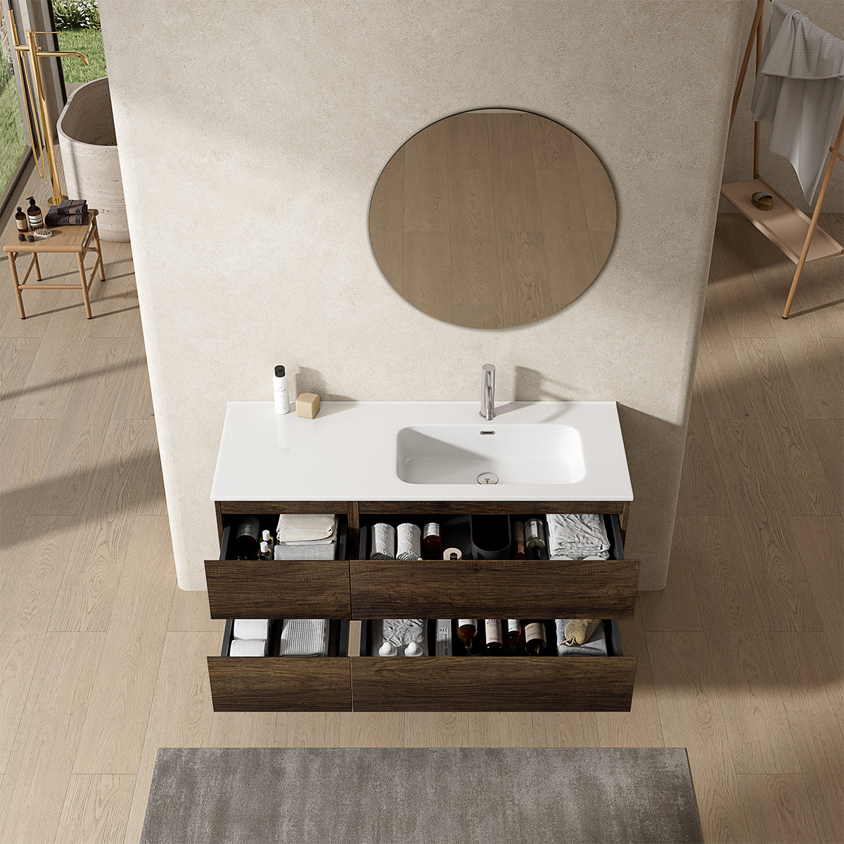 Mobile bagno sospeso 120 cm Bruno Scuro Lavabo a Destra in Ceramica Specchio Tondo - Fiji Wood