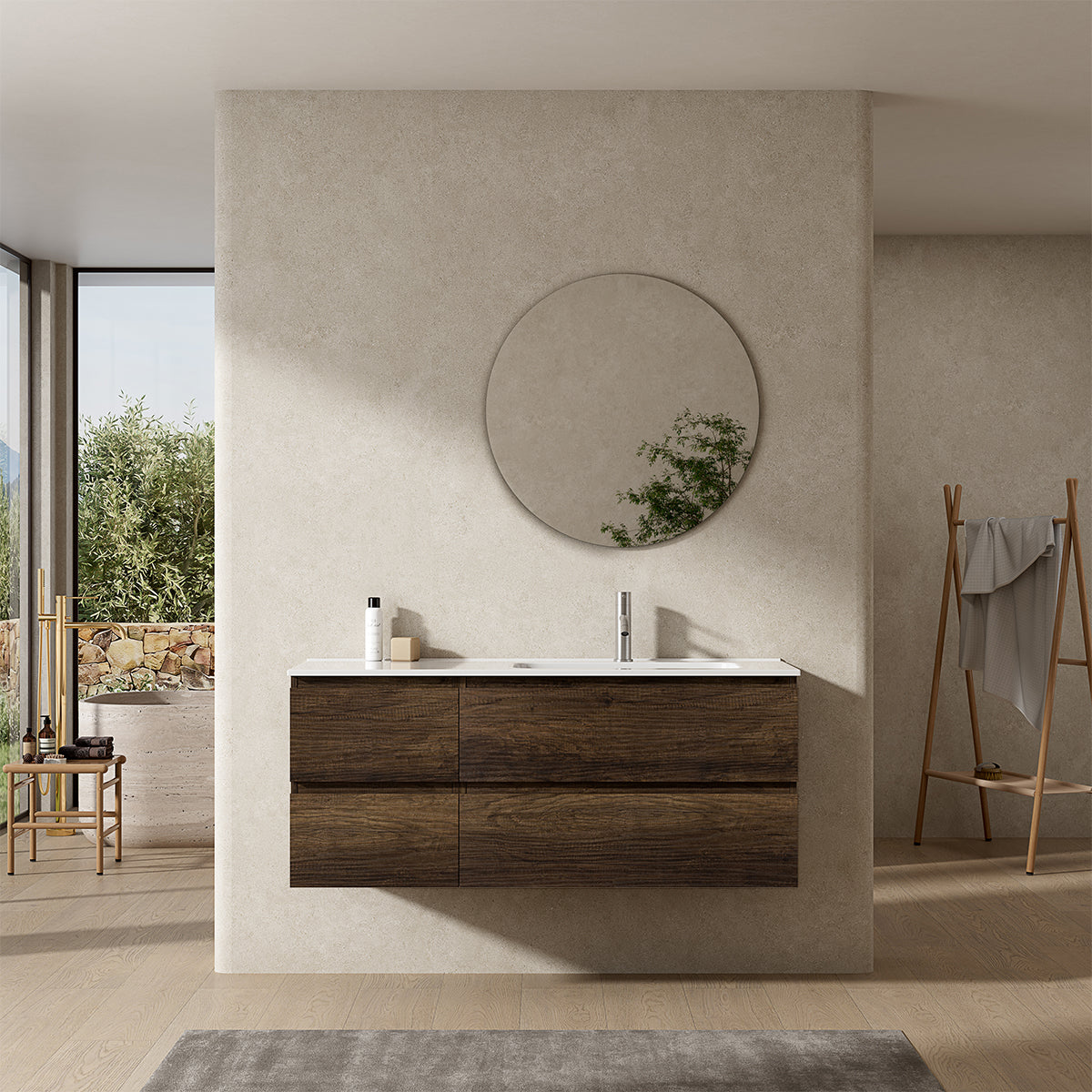 Mobile bagno sospeso 120 cm Bruno Scuro Lavabo a Destra in Ceramica Specchio Tondo - Fiji Wood
