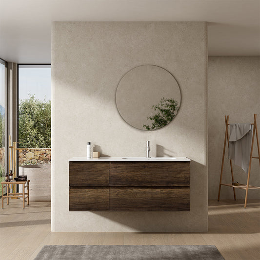 Mobile bagno sospeso 120 cm Bruno Scuro Lavabo a Destra in Ceramica Specchio Tondo - Fiji Wood