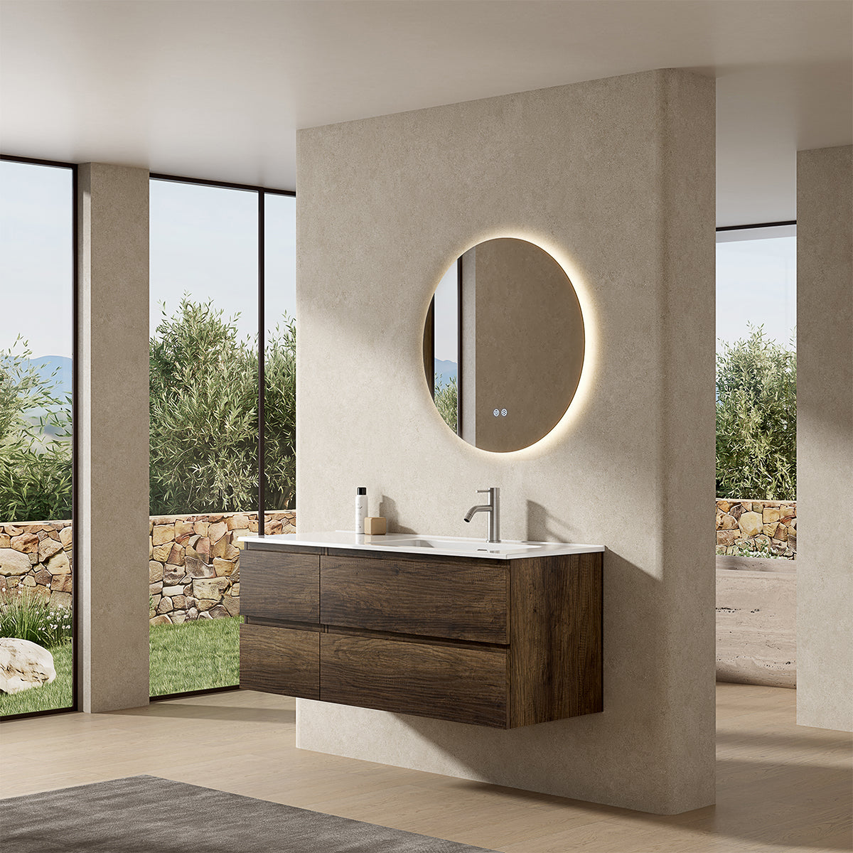 Mobile bagno sospeso 120 cm Bruno Scuro Lavabo a Destra in Ceramica Specchio Tondo Retroilluminato - Fiji Wood