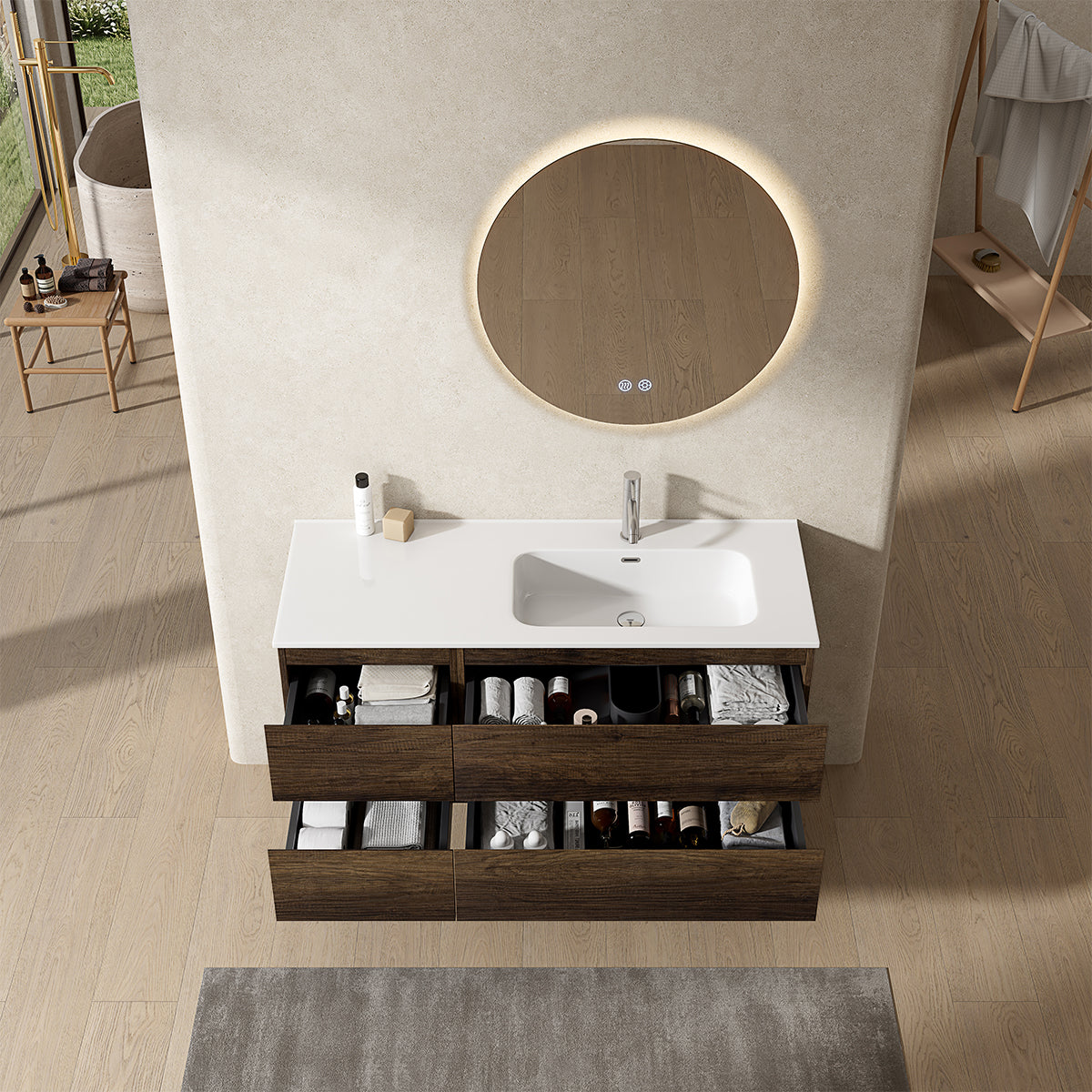 Mobile bagno sospeso 120 cm Bruno Scuro Lavabo a Destra in Ceramica Specchio Tondo Retroilluminato - Fiji Wood
