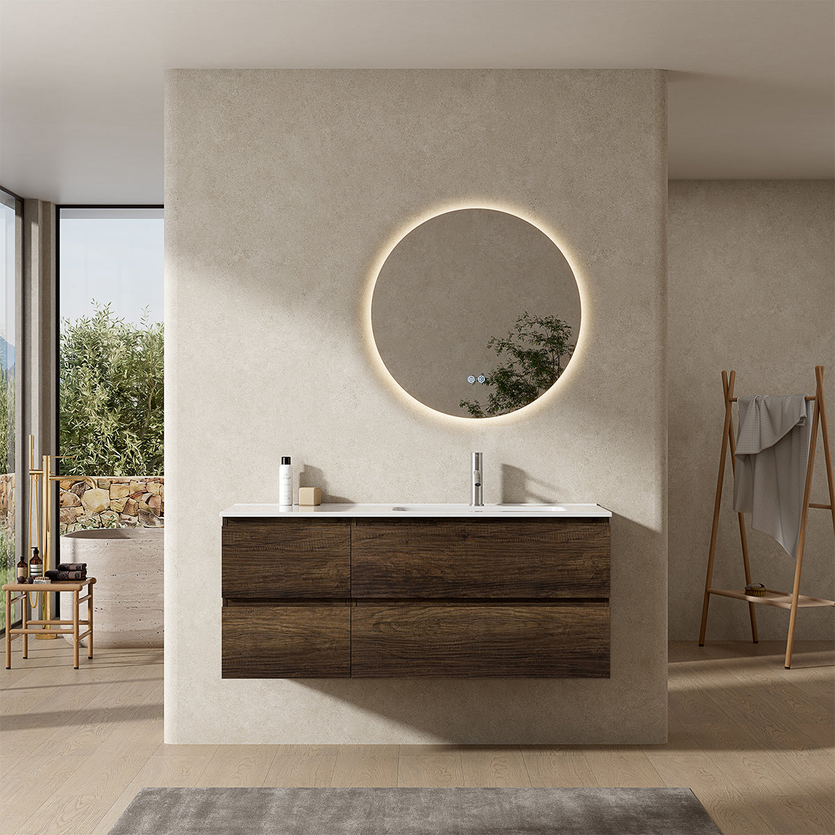 Mobile bagno sospeso 120 cm Bruno Scuro Lavabo a Destra in Ceramica Specchio Tondo Retroilluminato - Fiji Wood