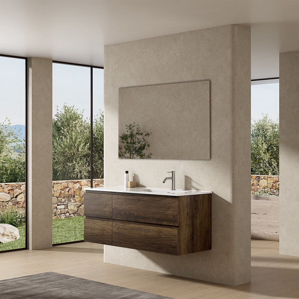 Mobile bagno sospeso 120 cm Bruno Scuro Lavabo a Destra in Ceramica Specchio Quadro - Fiji Wood