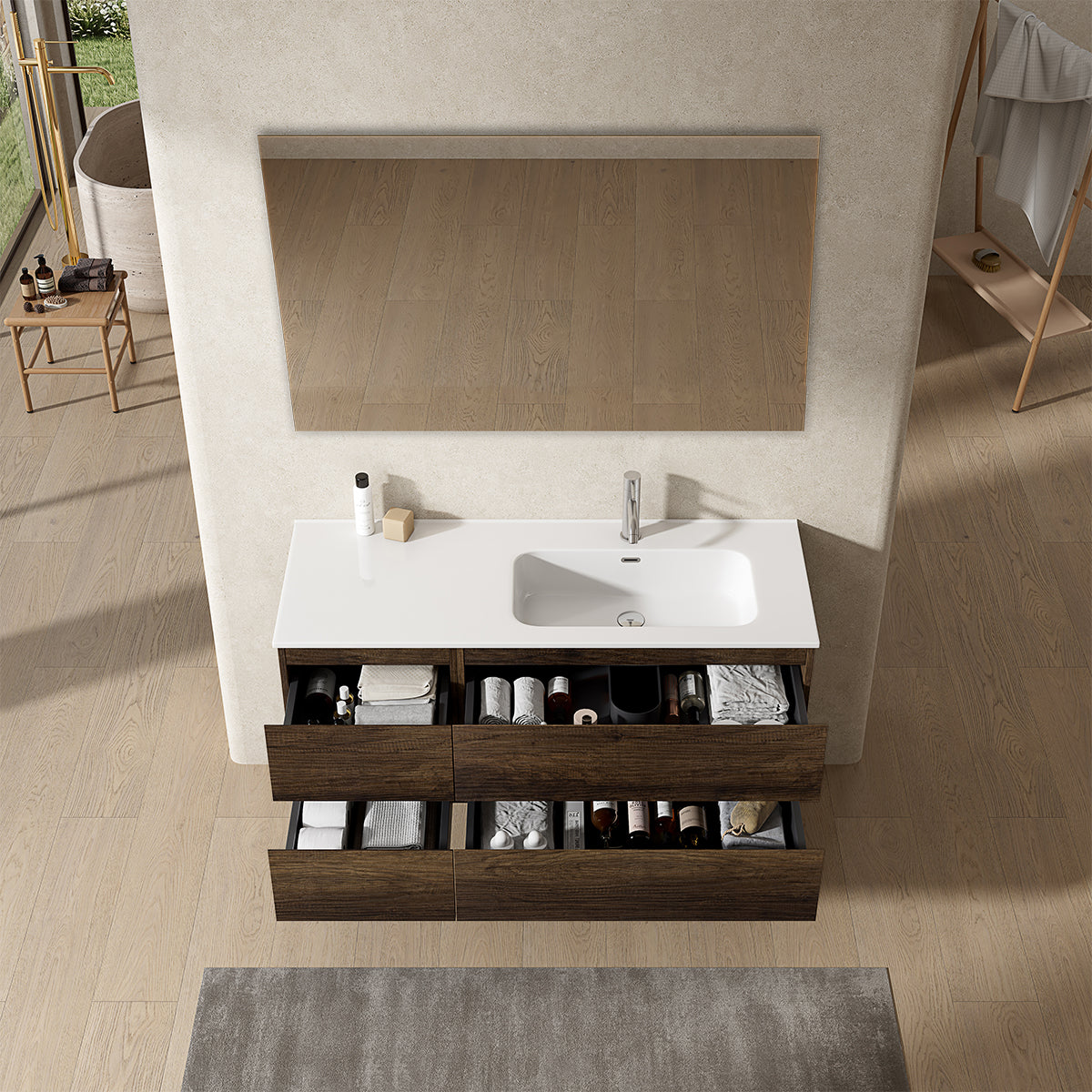 Mobile bagno sospeso 120 cm Bruno Scuro Lavabo a Destra in Ceramica Specchio Quadro - Fiji Wood