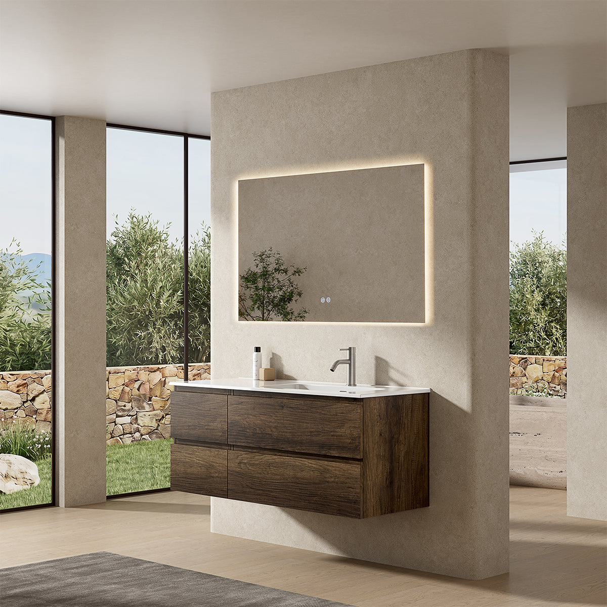 Mobile bagno sospeso 120 cm Bruno Scuro Lavabo a Destra in Ceramica Specchio Quadro Retroilluminato - Fiji Wood