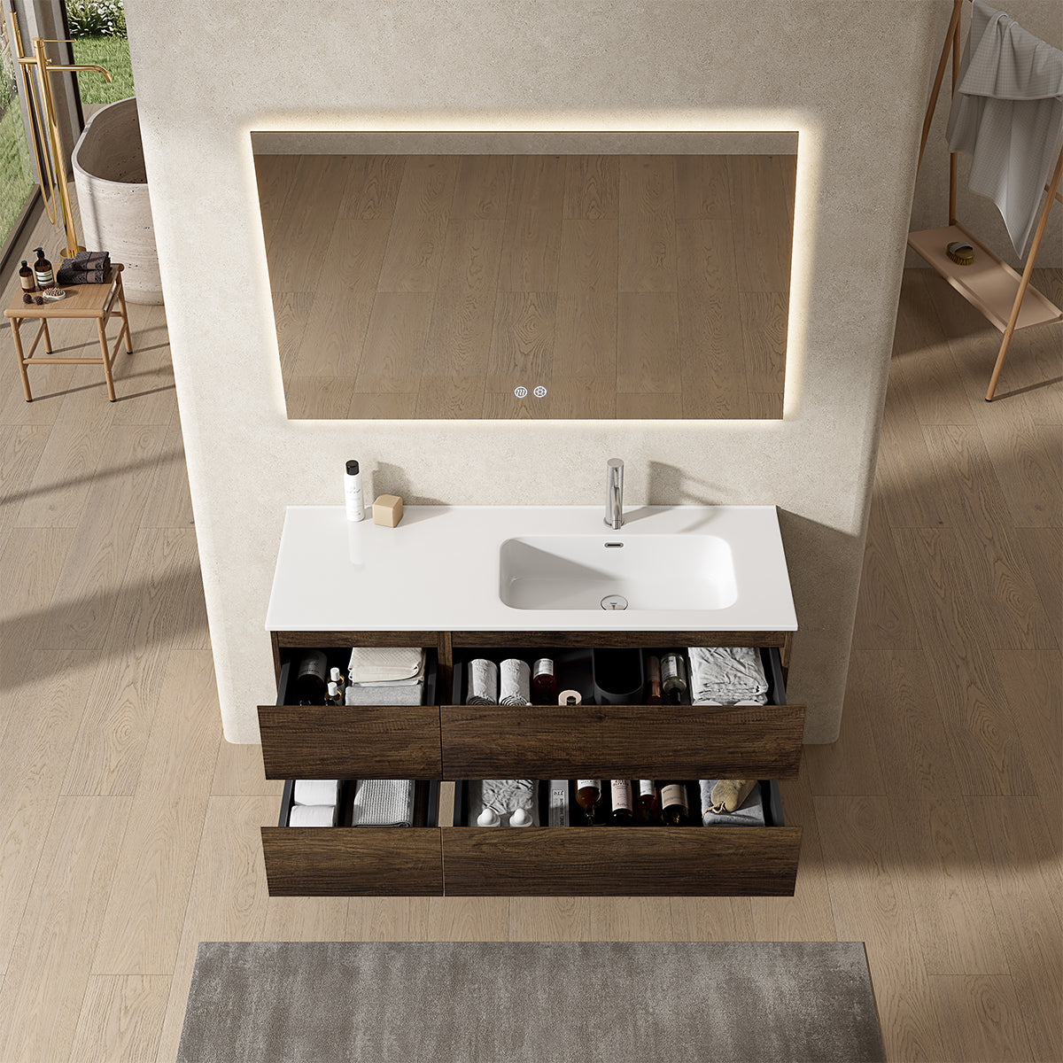 Mobile bagno sospeso 120 cm Bruno Scuro Lavabo a Destra in Ceramica Specchio Quadro Retroilluminato - Fiji Wood
