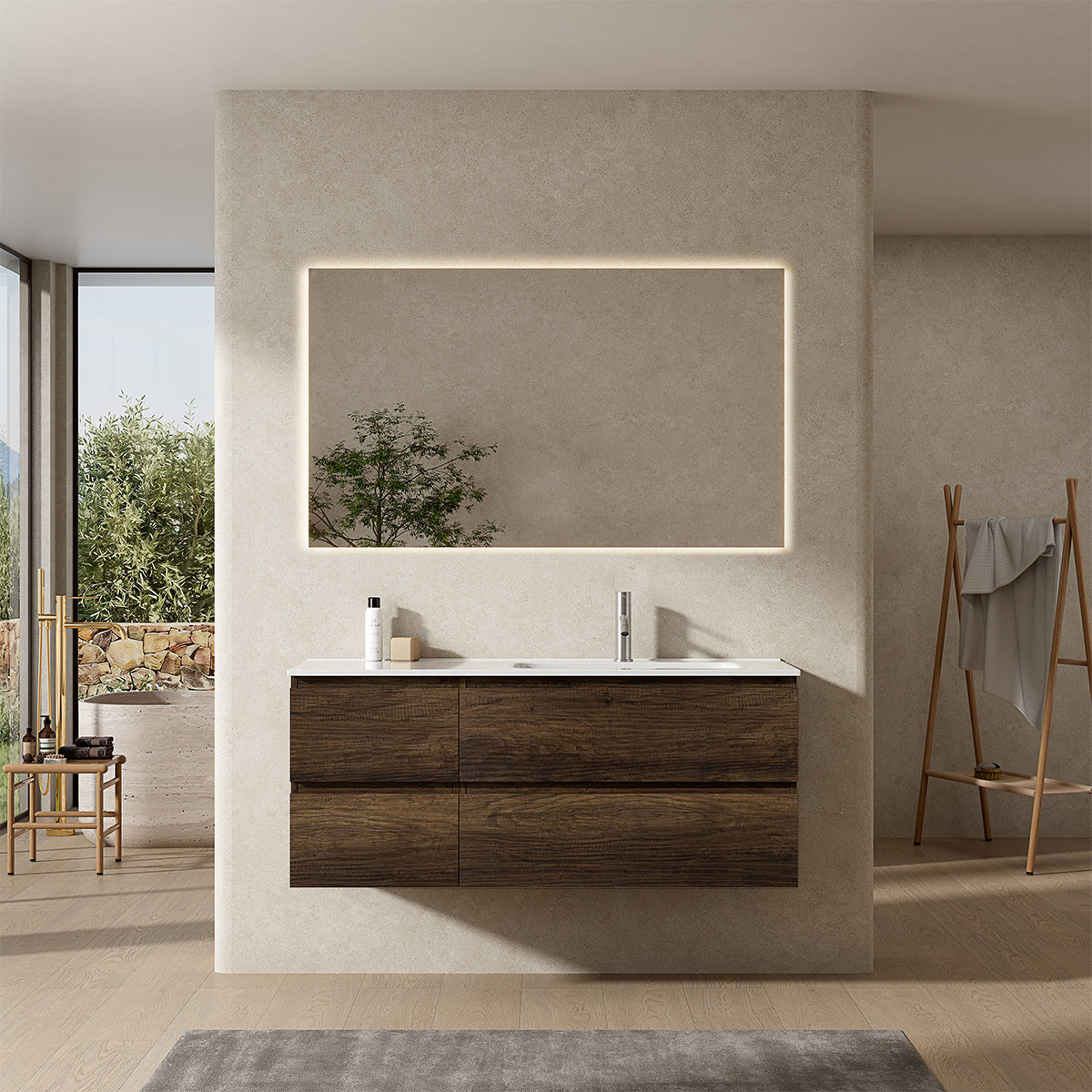 Mobile bagno sospeso 120 cm Bruno Scuro Lavabo a Destra in Ceramica Specchio Quadro Retroilluminato - Fiji Wood