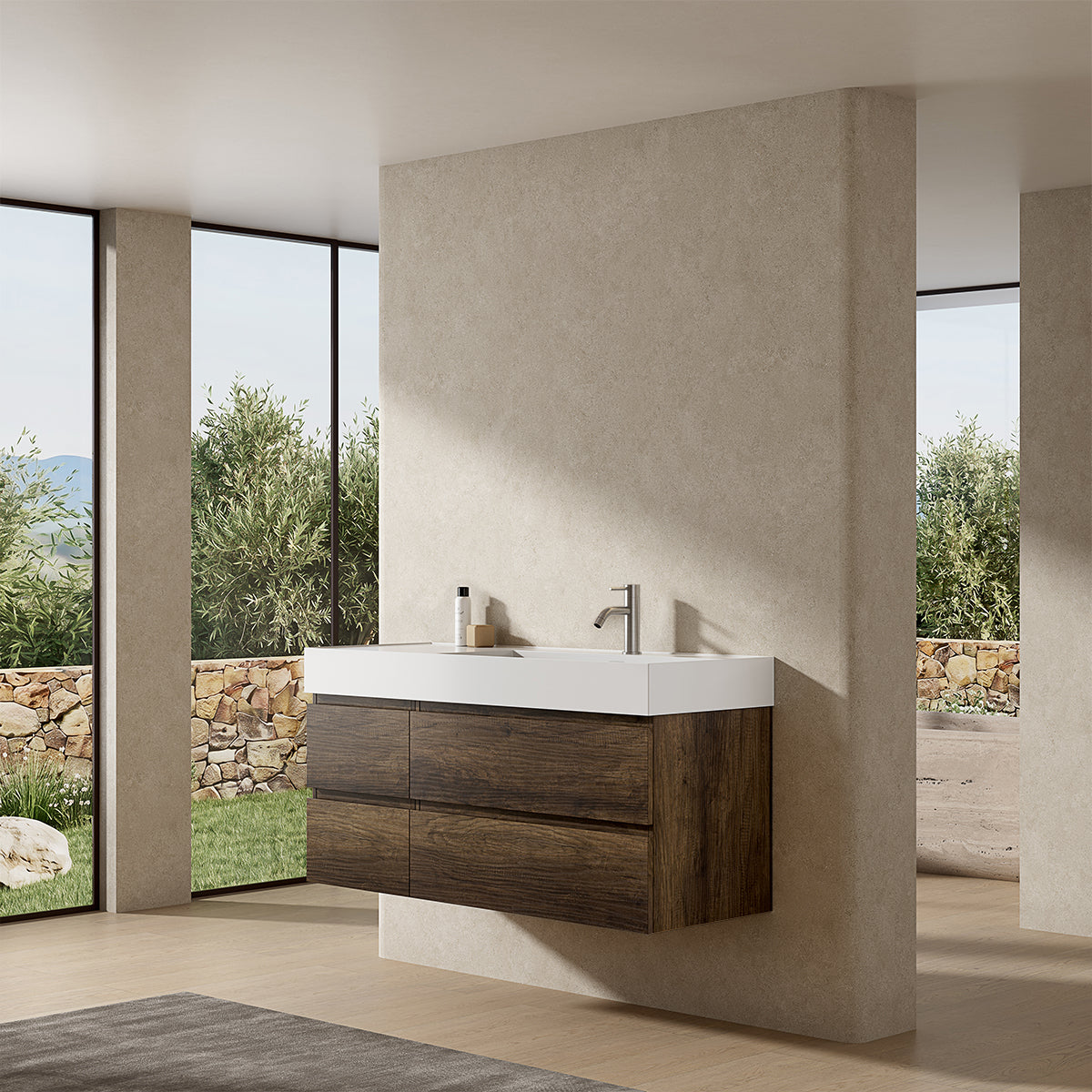 Mobile bagno sospeso 120 cm Bruno Scuro Lavabo a Destra in Resina Senza Specchio - Fiji Wood