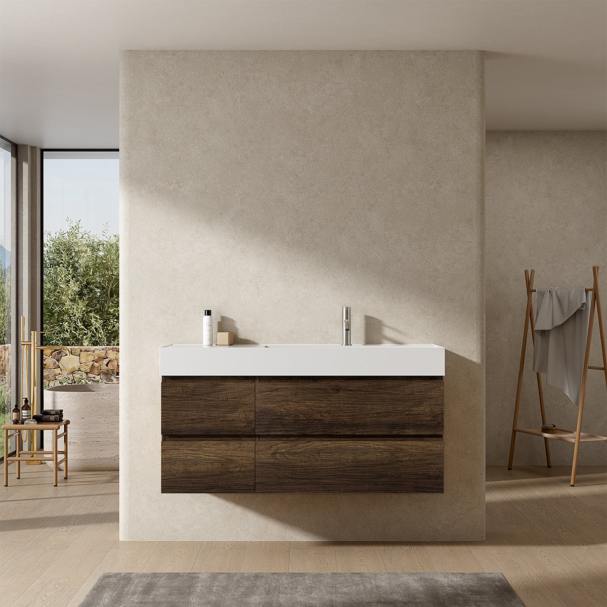 Mobile bagno sospeso 120 cm Bruno Scuro Lavabo a Destra in Resina Senza Specchio - Fiji Wood