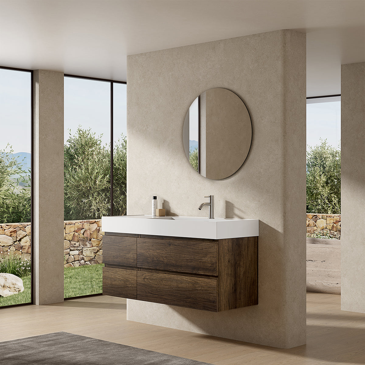 Mobile bagno sospeso 120 cm Bruno Scuro Lavabo a Destra in Resina Specchio Tondo - Fiji Wood