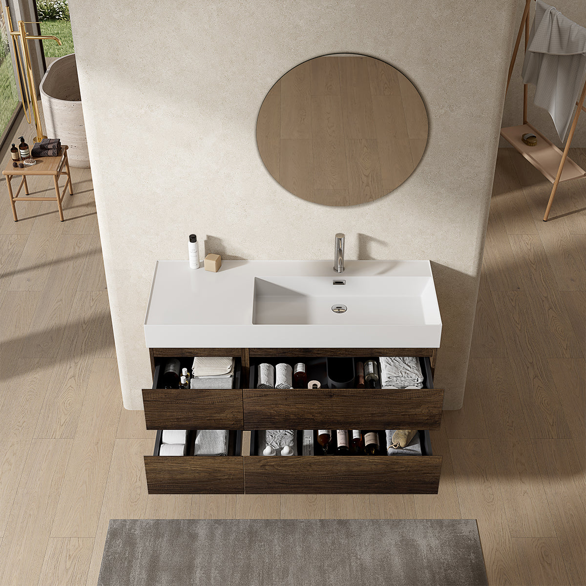 Mobile bagno sospeso 120 cm Bruno Scuro Lavabo a Destra in Resina Specchio Tondo - Fiji Wood