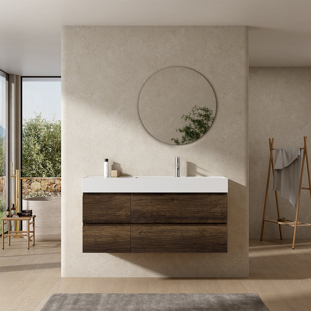 Mobile bagno sospeso 120 cm Bruno Scuro Lavabo a Destra in Resina Specchio Tondo - Fiji Wood