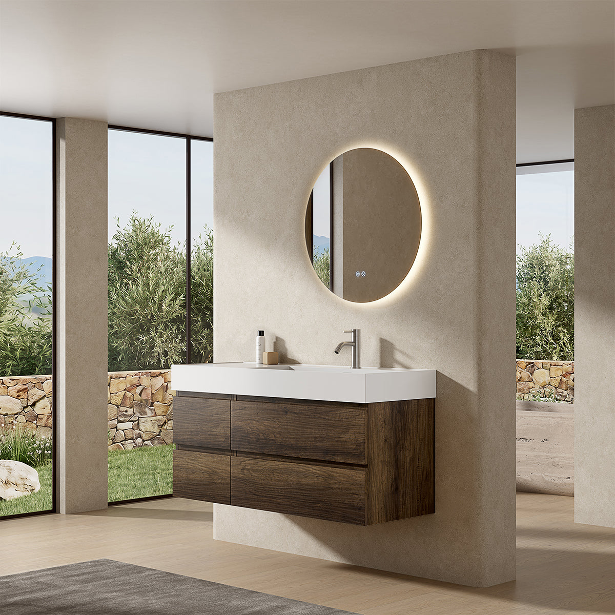 Mobile bagno sospeso 120 cm Bruno Scuro Lavabo a Destra in Resina Specchio Tondo Retroilluminato - Fiji Wood