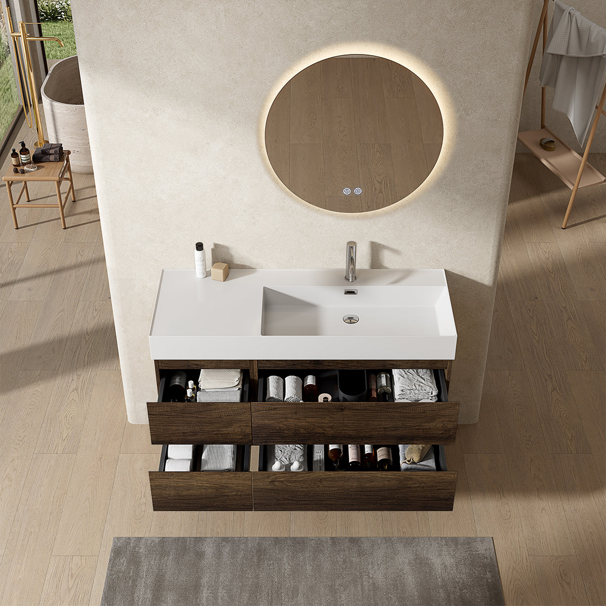 Mobile bagno sospeso 120 cm Bruno Scuro Lavabo a Destra in Resina Specchio Tondo Retroilluminato - Fiji Wood