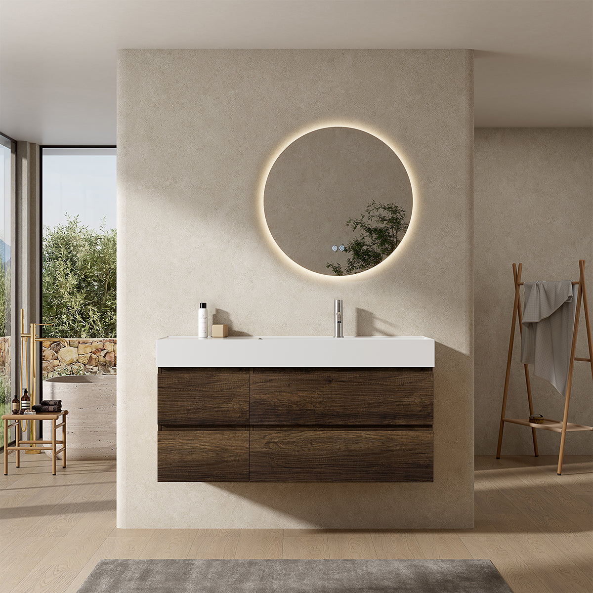 Mobile bagno sospeso 120 cm Bruno Scuro Lavabo a Destra in Resina Specchio Tondo Retroilluminato - Fiji Wood