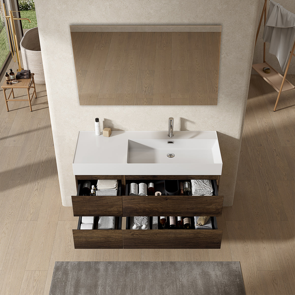 Mobile bagno sospeso 120 cm Bruno Scuro Lavabo a Destra in Resina Specchio Quadro - Fiji Wood