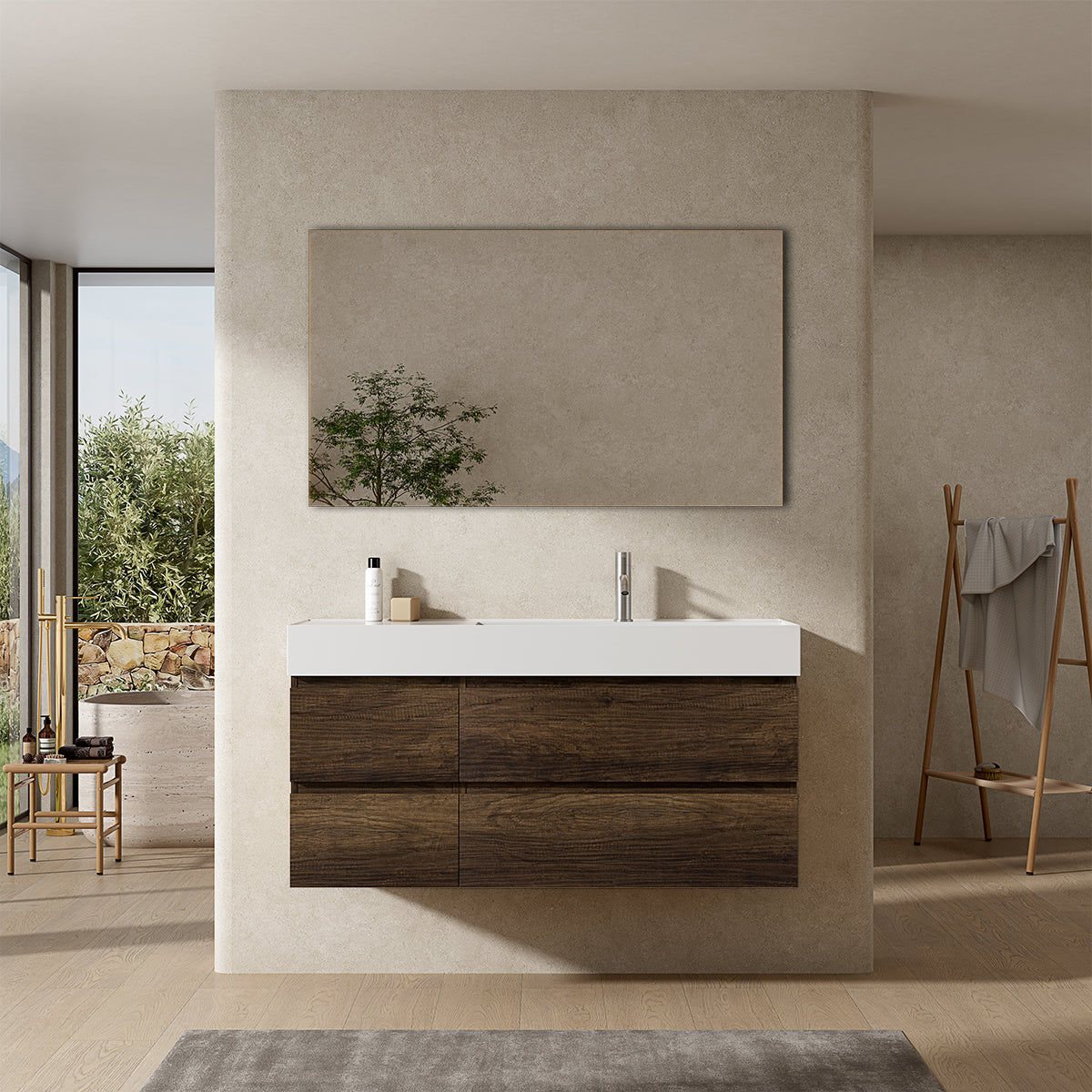 Mobile bagno sospeso 120 cm Bruno Scuro Lavabo a Destra in Resina Specchio Quadro - Fiji Wood