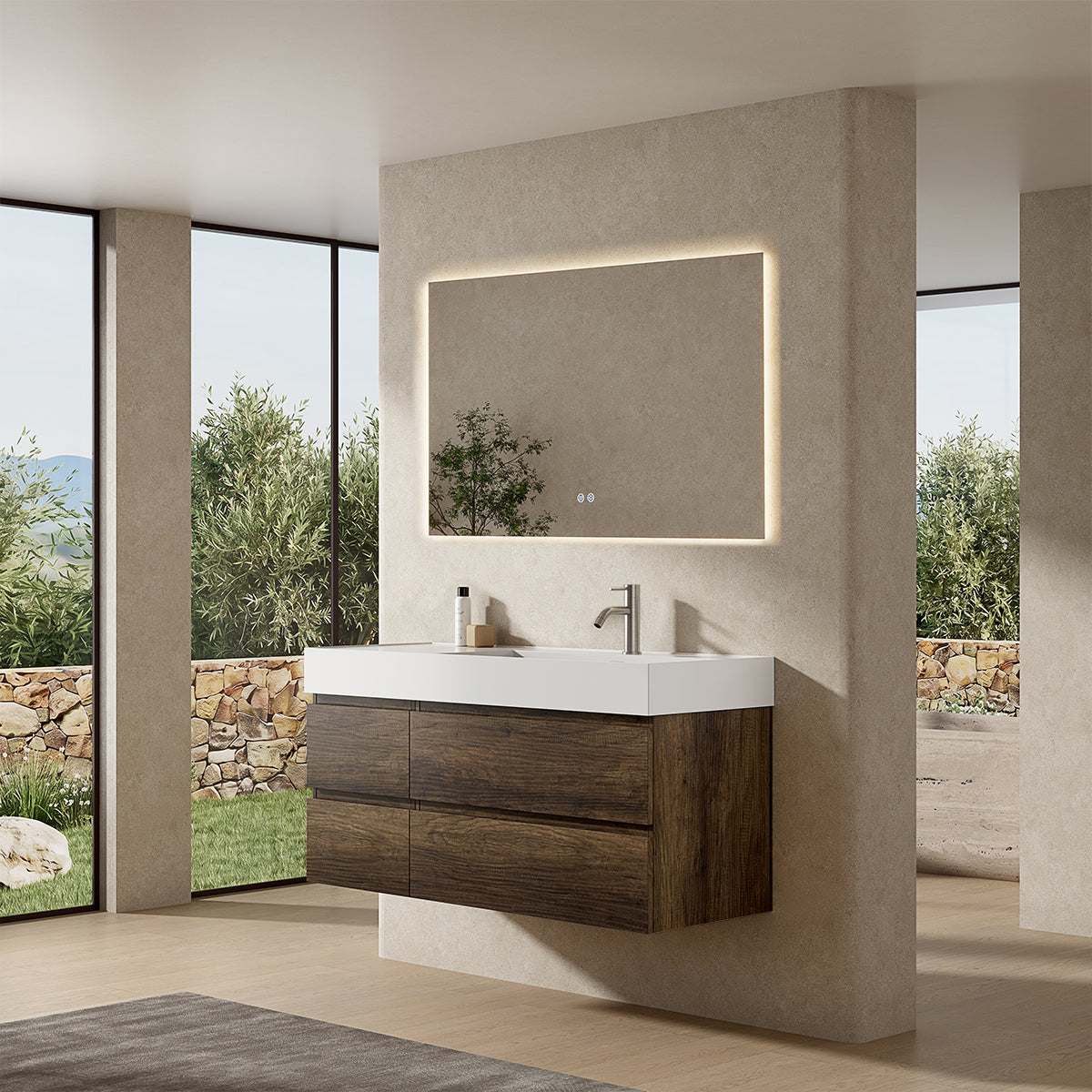 Mobile bagno sospeso 120 cm Bruno Scuro Lavabo a Destra in Resina Specchio Quadro Retroilluminato - Fiji Wood
