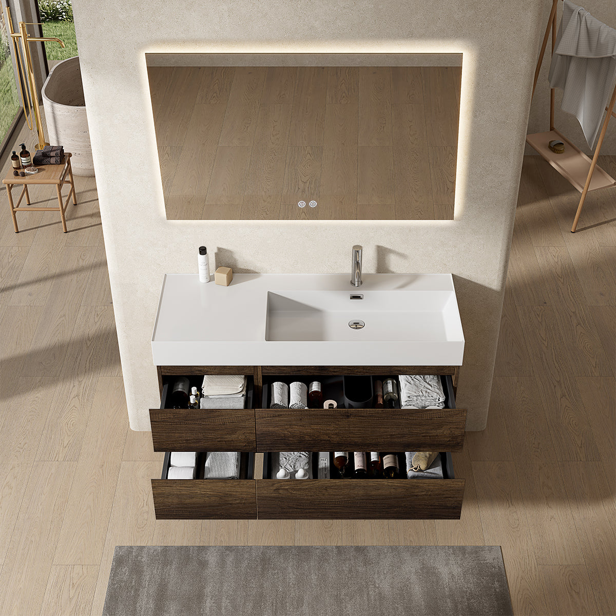 Mobile bagno sospeso 120 cm Bruno Scuro Lavabo a Destra in Resina Specchio Quadro Retroilluminato - Fiji Wood