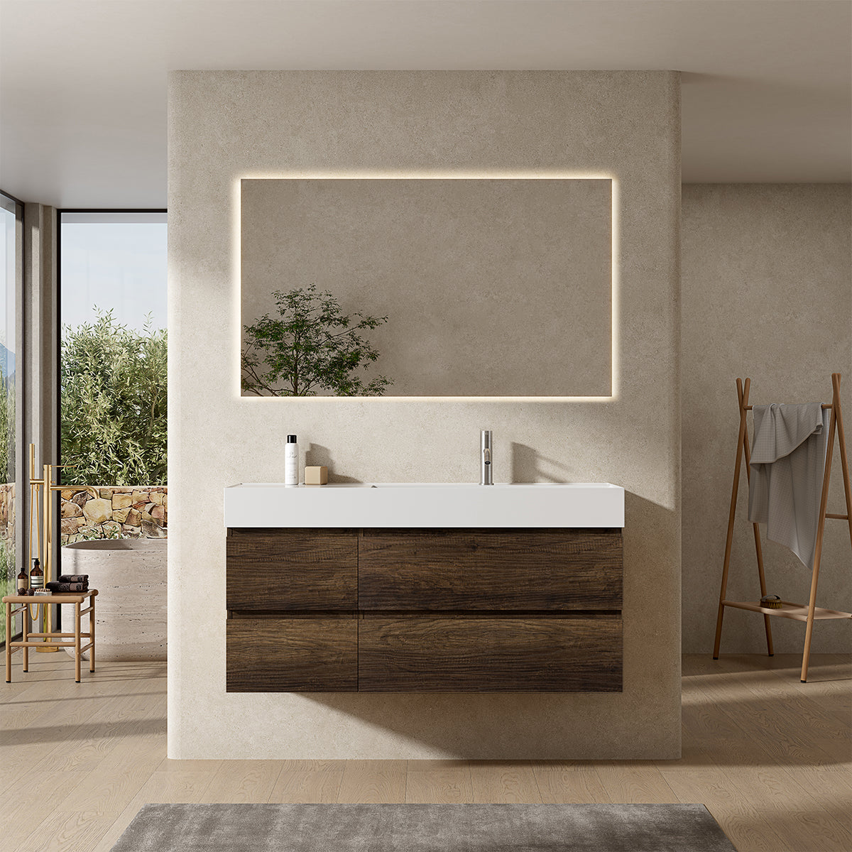 Mobile bagno sospeso 120 cm Bruno Scuro Lavabo a Destra in Resina Specchio Quadro Retroilluminato - Fiji Wood