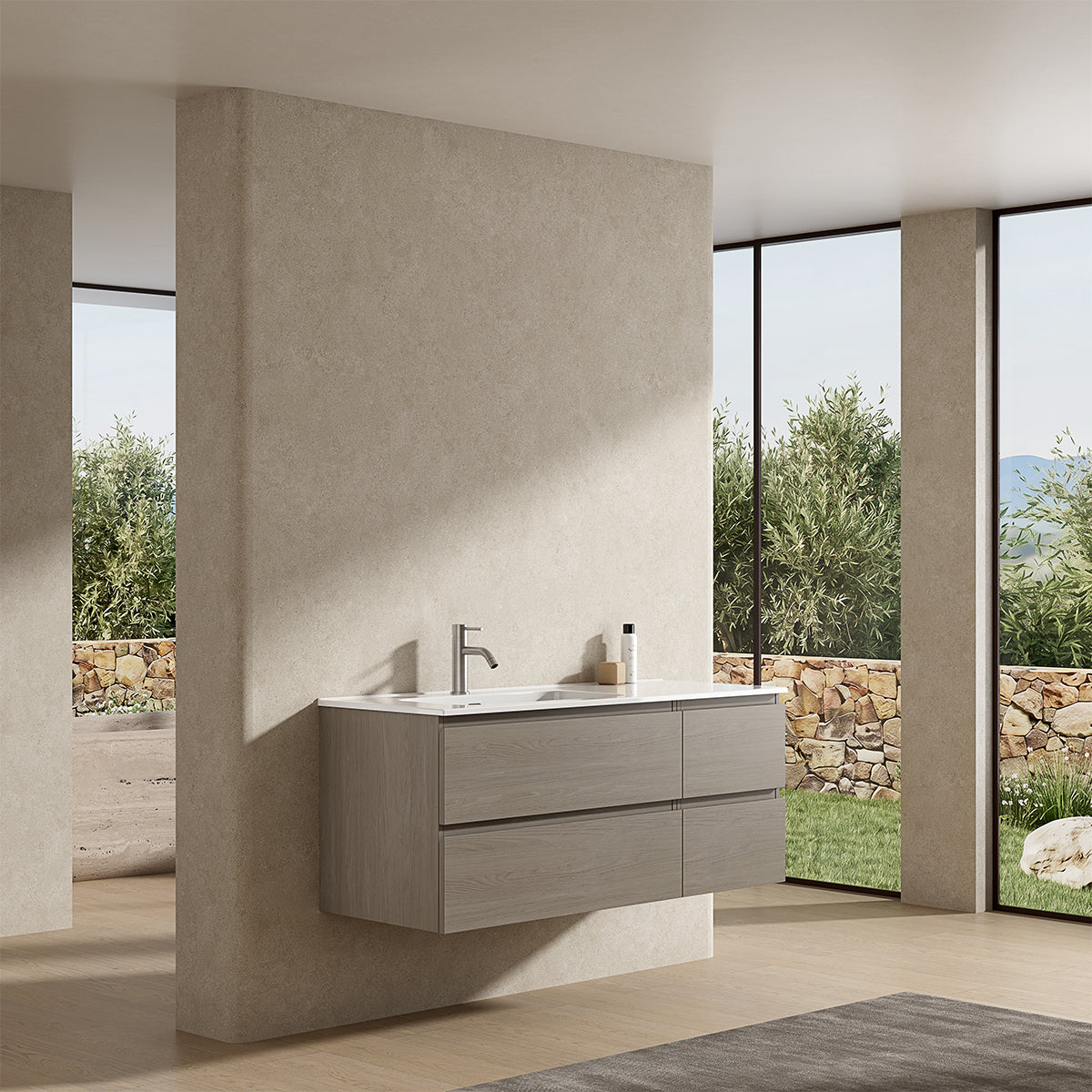 Mobile bagno sospeso 120 cm Beige Lavabo a Sinistra in Ceramica Senza Specchio - Fiji Wood