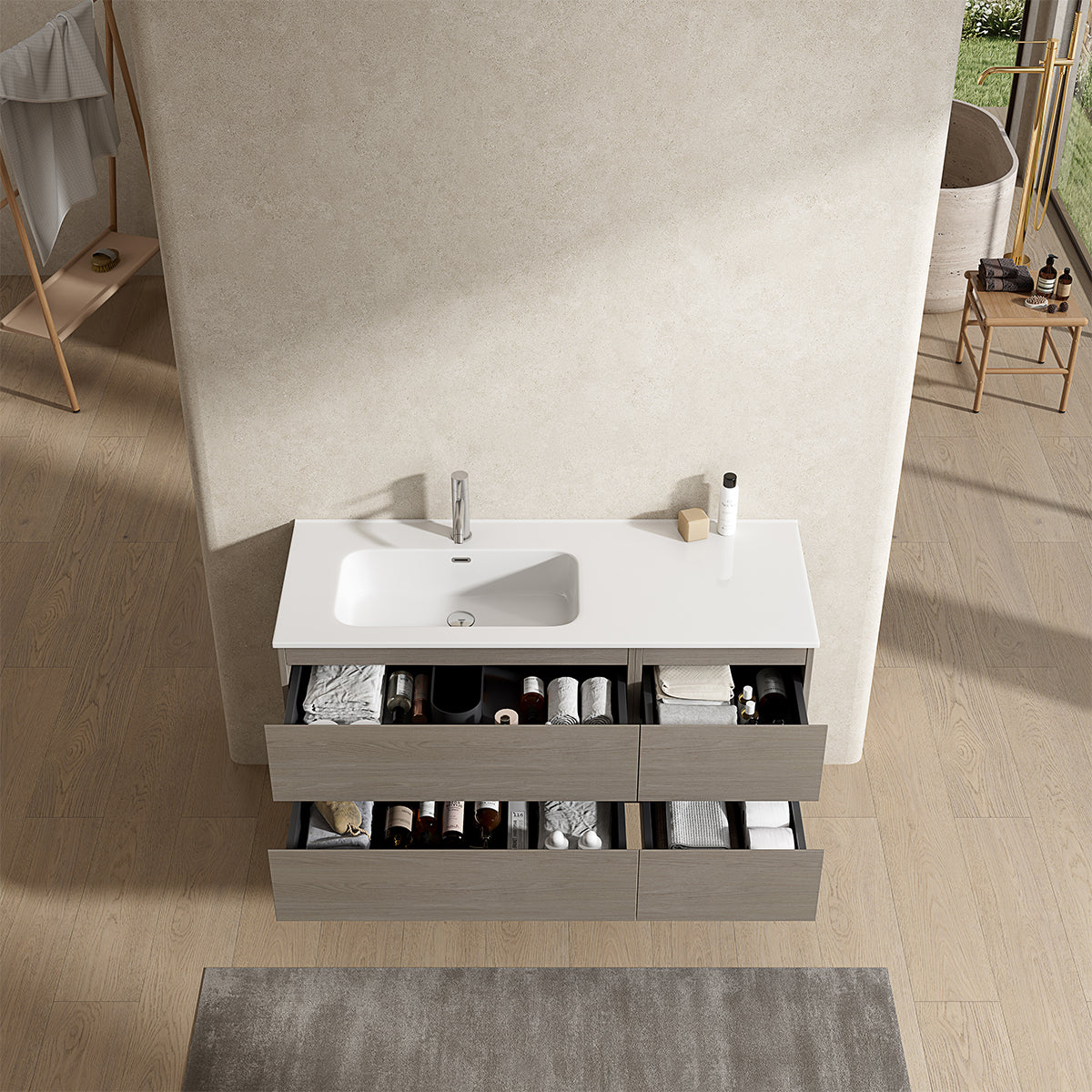 Mobile bagno sospeso 120 cm Beige Lavabo a Sinistra in Ceramica Senza Specchio - Fiji Wood