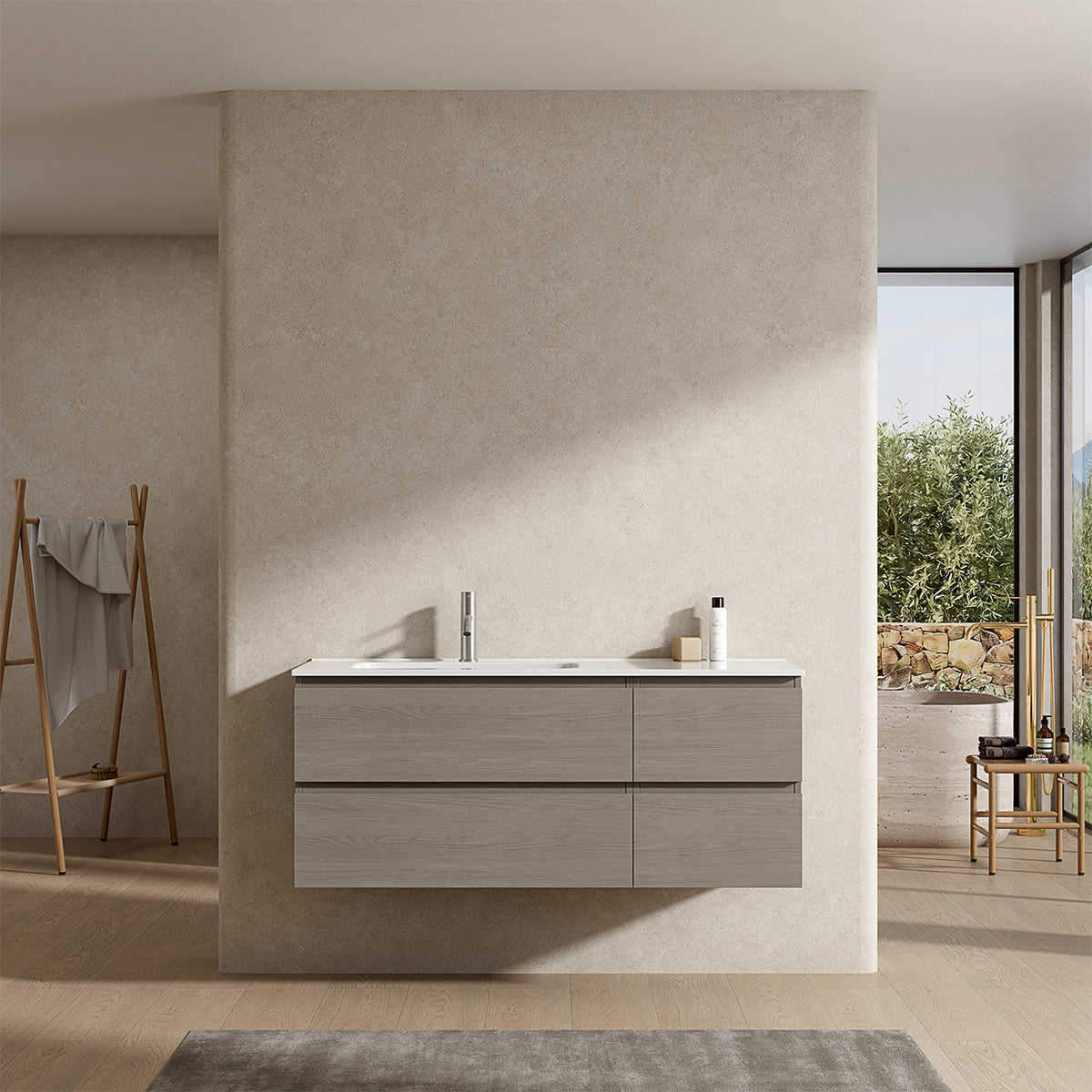Mobile bagno sospeso 120 cm Beige Lavabo a Sinistra in Ceramica Senza Specchio - Fiji Wood