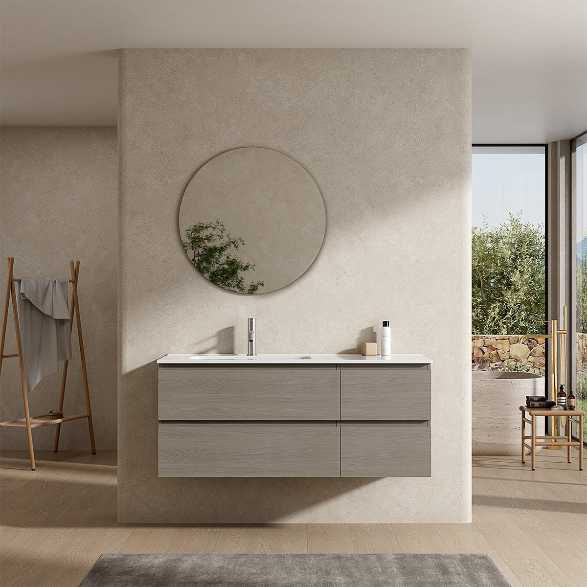 Mobile bagno sospeso 120 cm Beige Lavabo a Sinistra in Ceramica Specchio Tondo - Fiji Wood