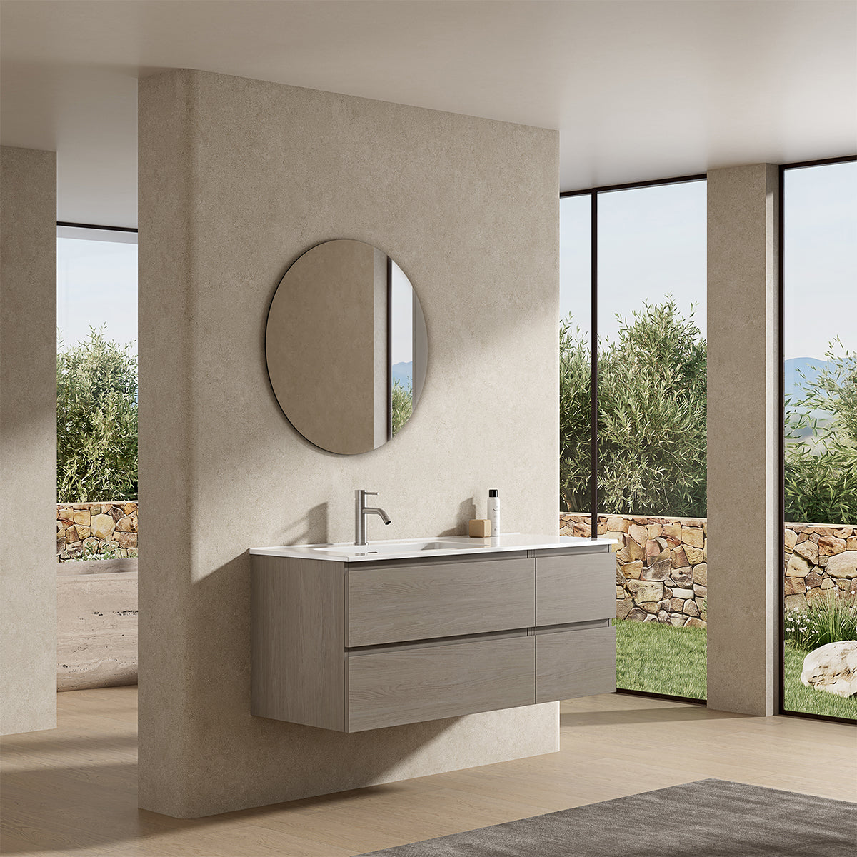 Mobile bagno sospeso 120 cm Beige Lavabo a Sinistra in Ceramica Specchio Tondo - Fiji Wood