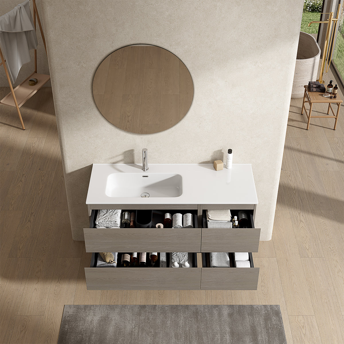 Mobile bagno sospeso 120 cm Beige Lavabo a Sinistra in Ceramica Specchio Tondo - Fiji Wood