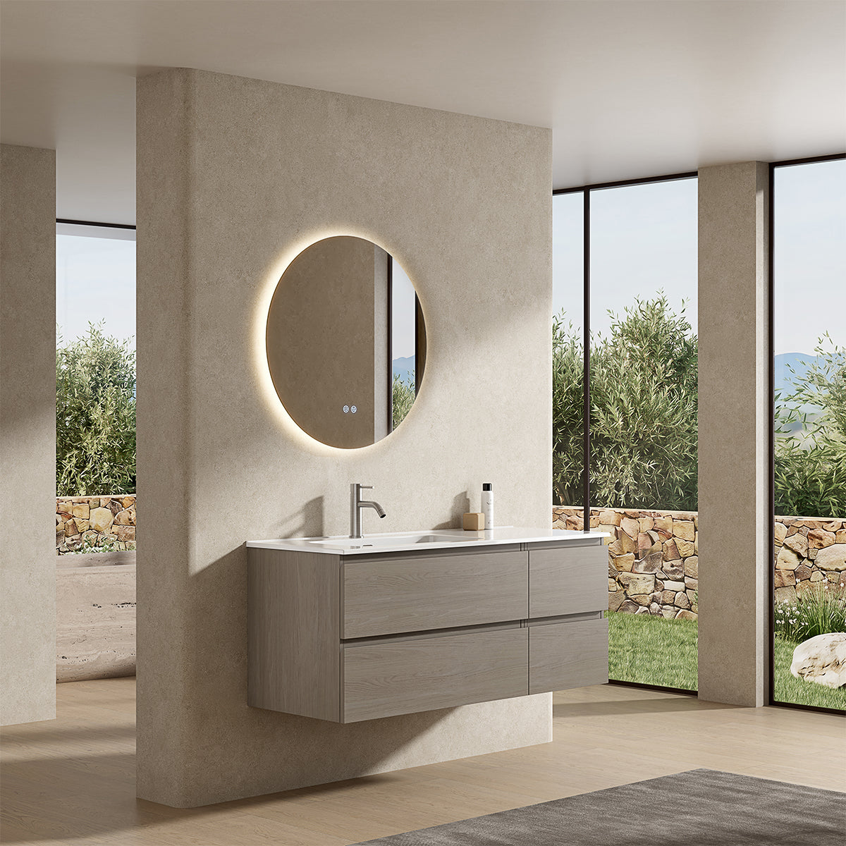 Mobile bagno sospeso 120 cm Beige Lavabo a Sinistra in Ceramica Specchio Tondo Retroilluminato - Fiji Wood