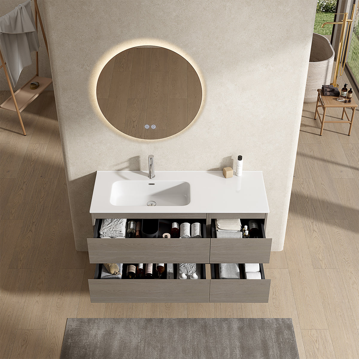 Mobile bagno sospeso 120 cm Beige Lavabo a Sinistra in Ceramica Specchio Tondo Retroilluminato - Fiji Wood