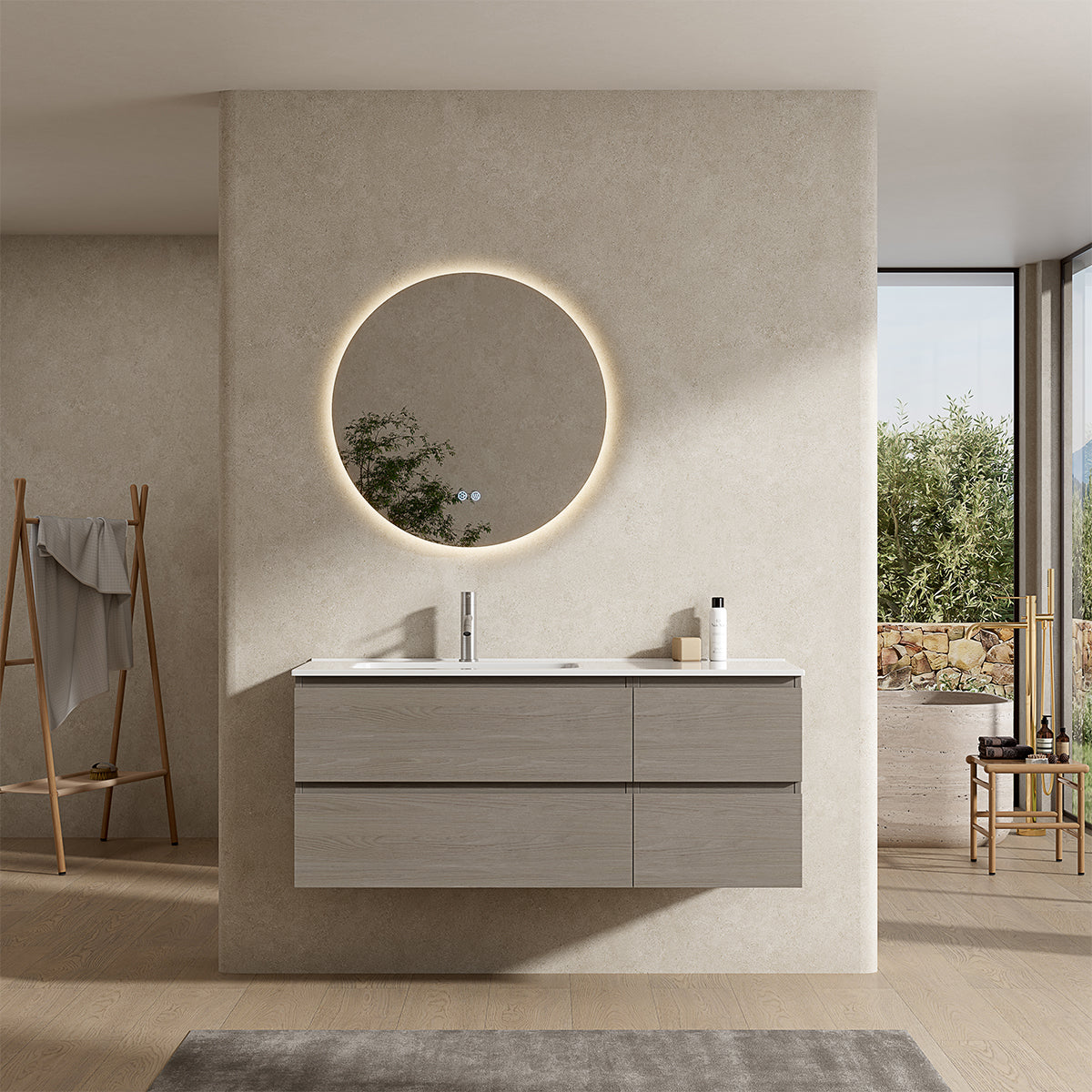 Mobile bagno sospeso 120 cm Beige Lavabo a Sinistra in Ceramica Specchio Tondo Retroilluminato - Fiji Wood