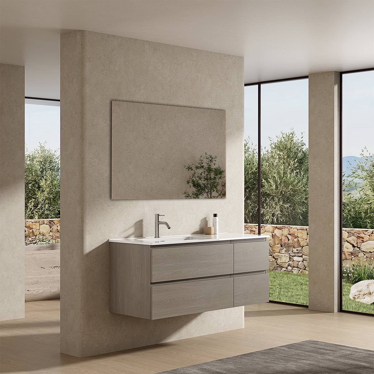 Mobile bagno sospeso 120 cm Beige Lavabo a Sinistra in Ceramica Specchio Quadro - Fiji Wood