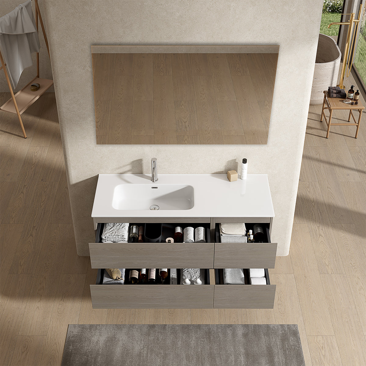 Mobile bagno sospeso 120 cm Beige Lavabo a Sinistra in Ceramica Specchio Quadro - Fiji Wood