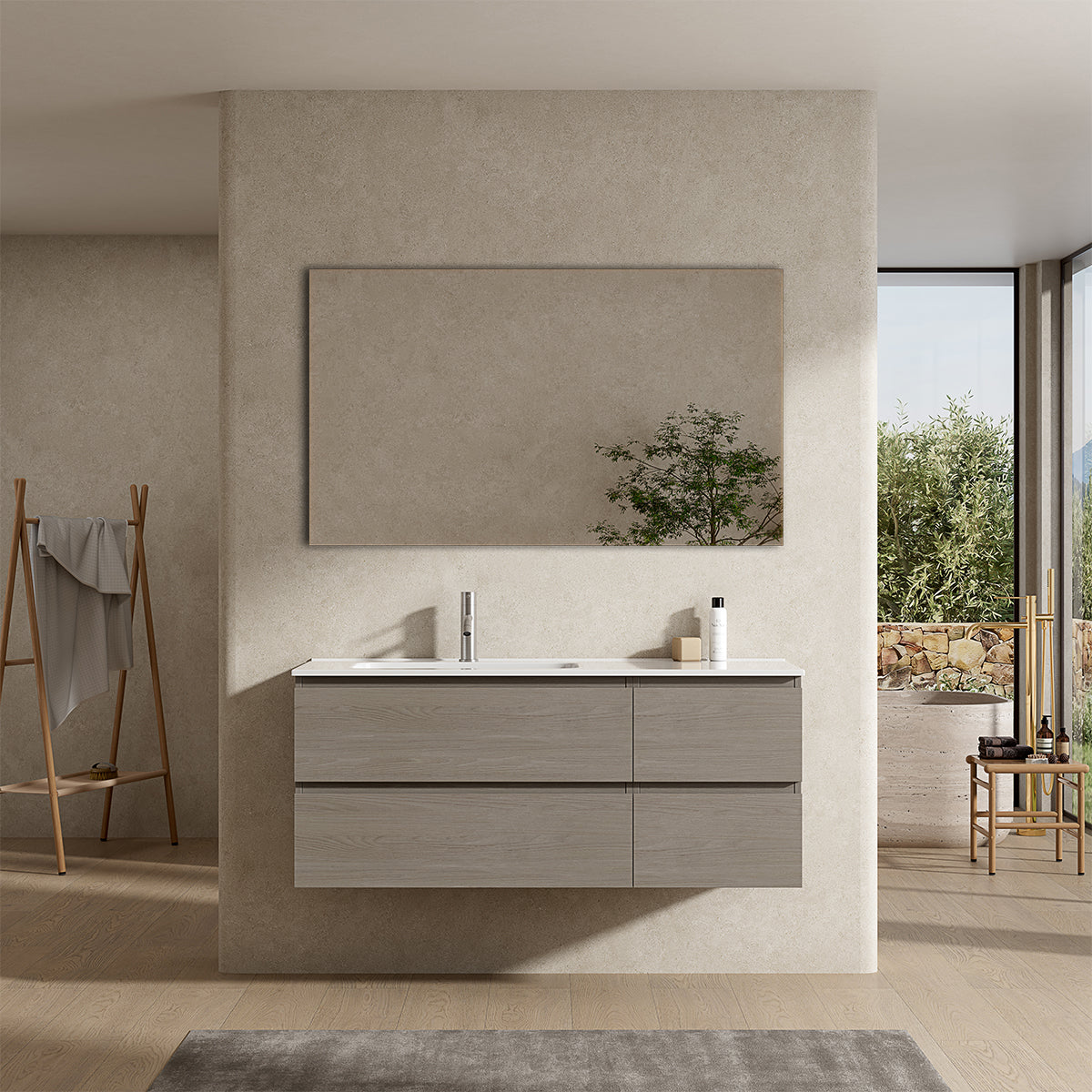Mobile bagno sospeso 120 cm Beige Lavabo a Sinistra in Ceramica Specchio Quadro - Fiji Wood