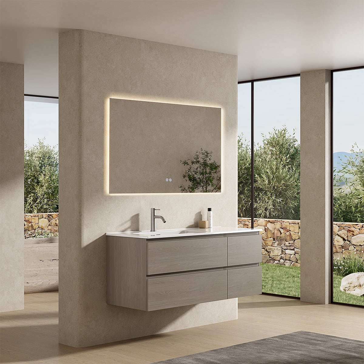 Mobile bagno sospeso 120 cm Beige Lavabo a Sinistra in Ceramica Specchio Quadro Retroilluminato - Fiji Wood