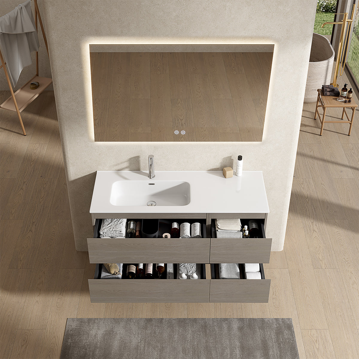 Mobile bagno sospeso 120 cm Beige Lavabo a Sinistra in Ceramica Specchio Quadro Retroilluminato - Fiji Wood