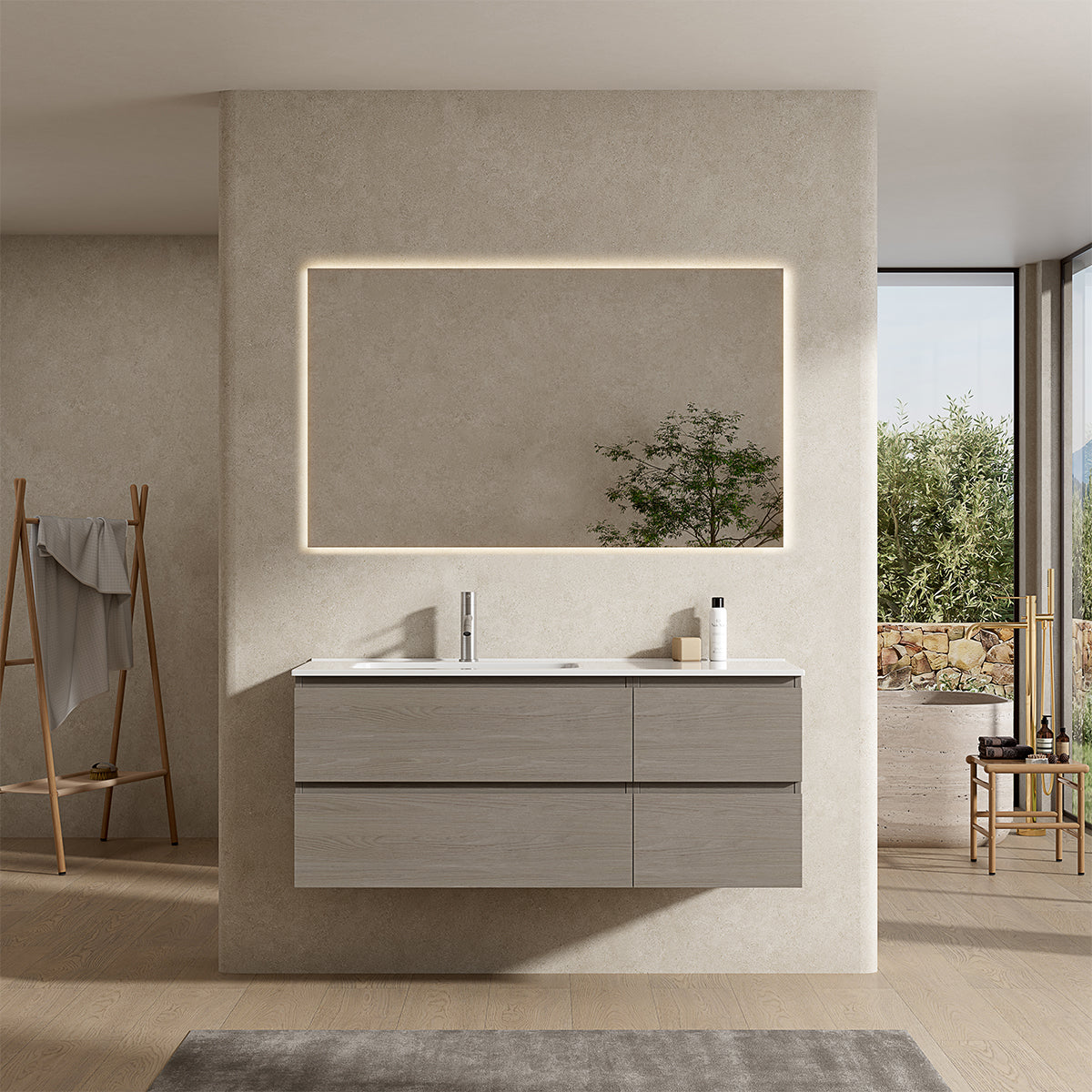 Mobile bagno sospeso 120 cm Beige Lavabo a Sinistra in Ceramica Specchio Quadro Retroilluminato - Fiji Wood