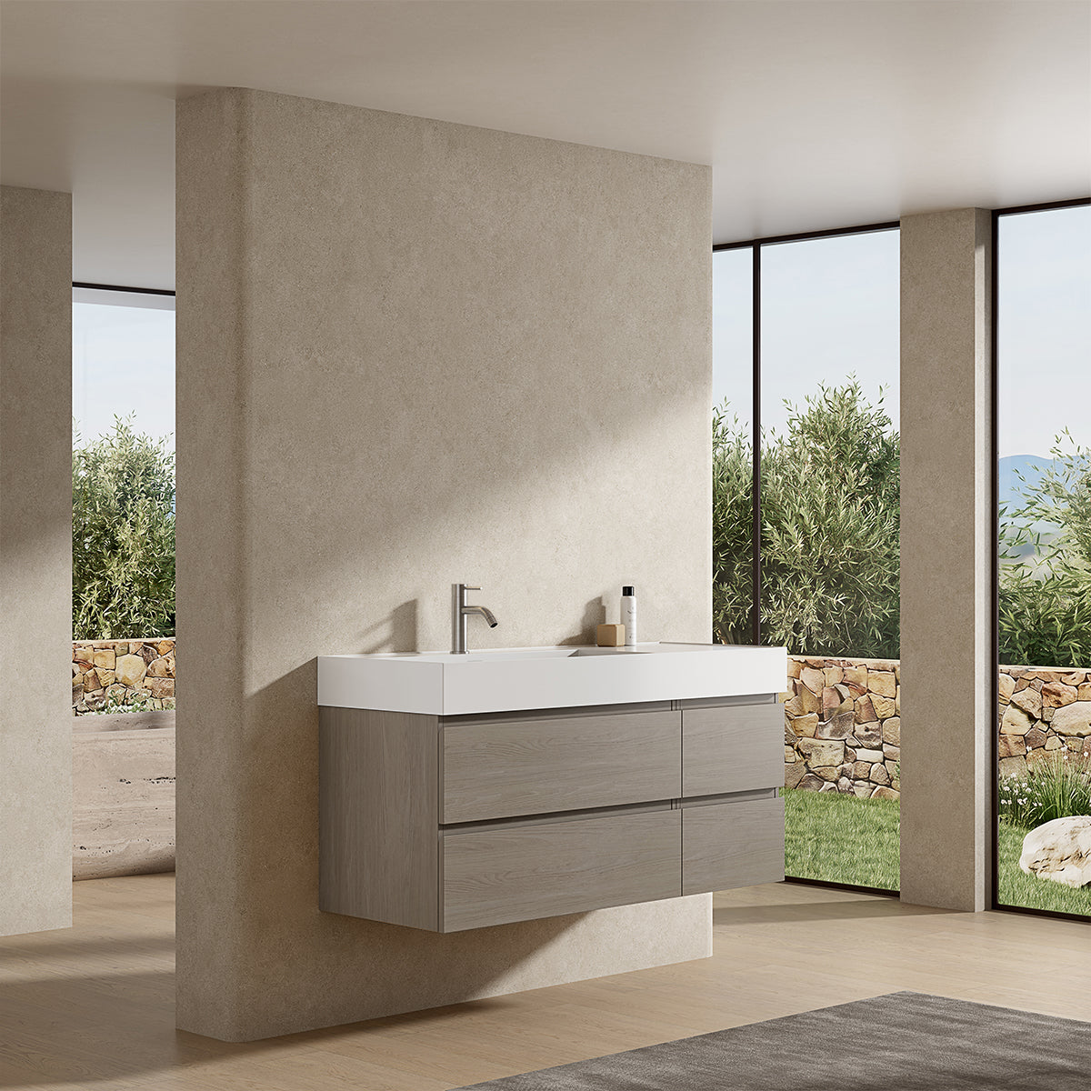 Mobile bagno sospeso 120 cm Beige Lavabo a Sinistra in Resina Senza Specchio - Fiji Wood