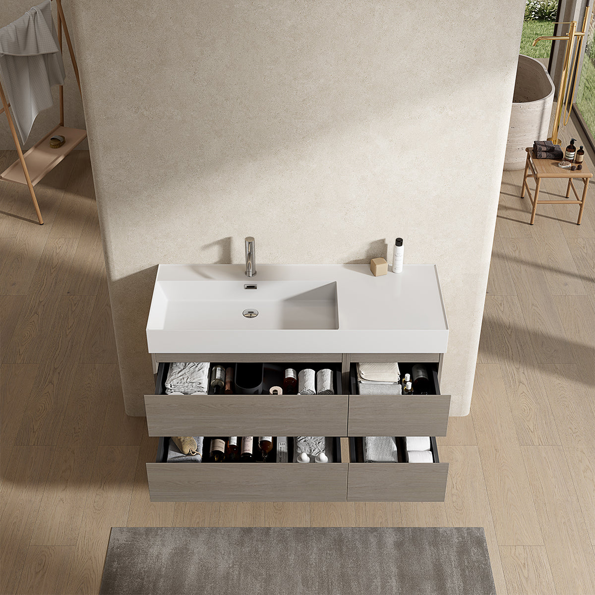 Mobile bagno sospeso 120 cm Beige Lavabo a Sinistra in Resina Senza Specchio - Fiji Wood